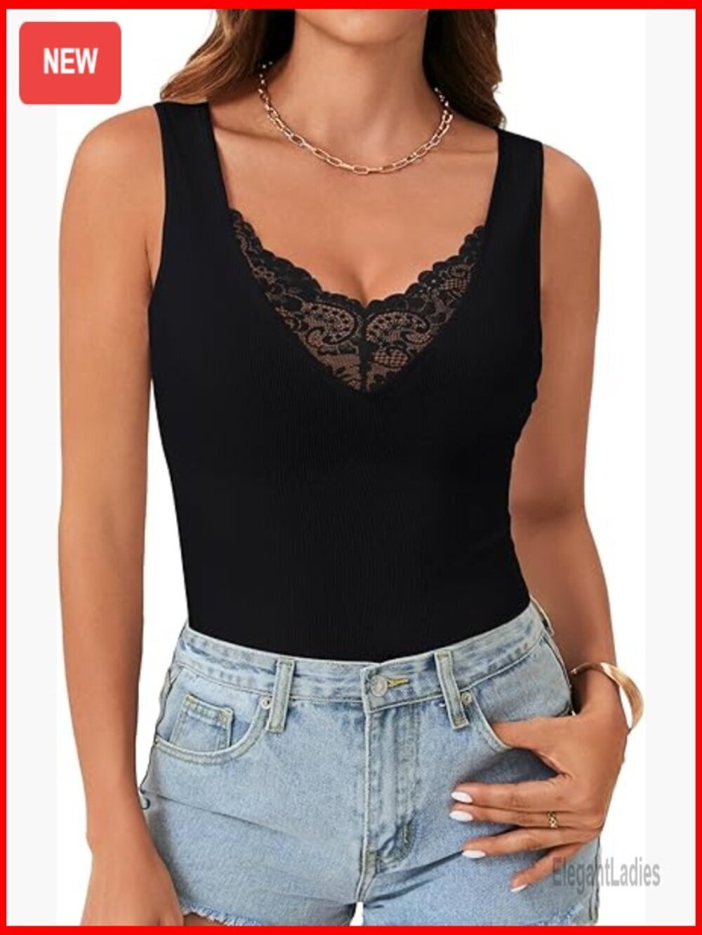 Lace V-Neck Ribbed Knit Camisole Tank Top Sleeveless Slim Fit